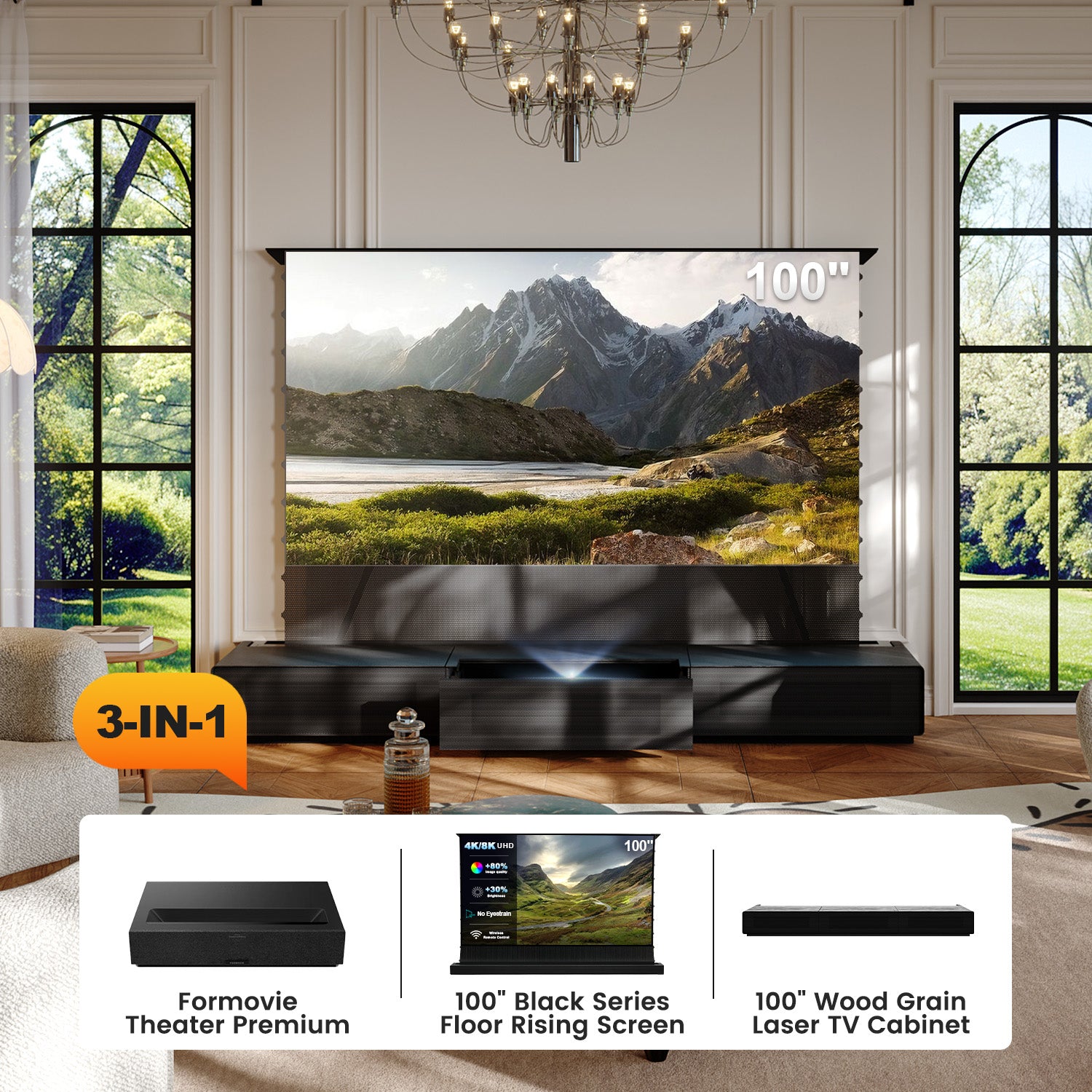 (Pakej) Formovie Theater Premium + Skrin ALR Bermotor Black Series + Kabinet TV Laser (Pra-Pasang)