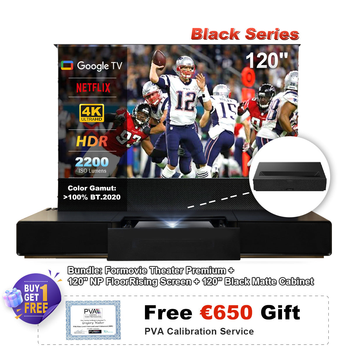 (Pacchetto) Formovie Theater Premium + Schermo ALR Motorizzato Black Series + Mobile TV Laser (Pre-Assemblato)