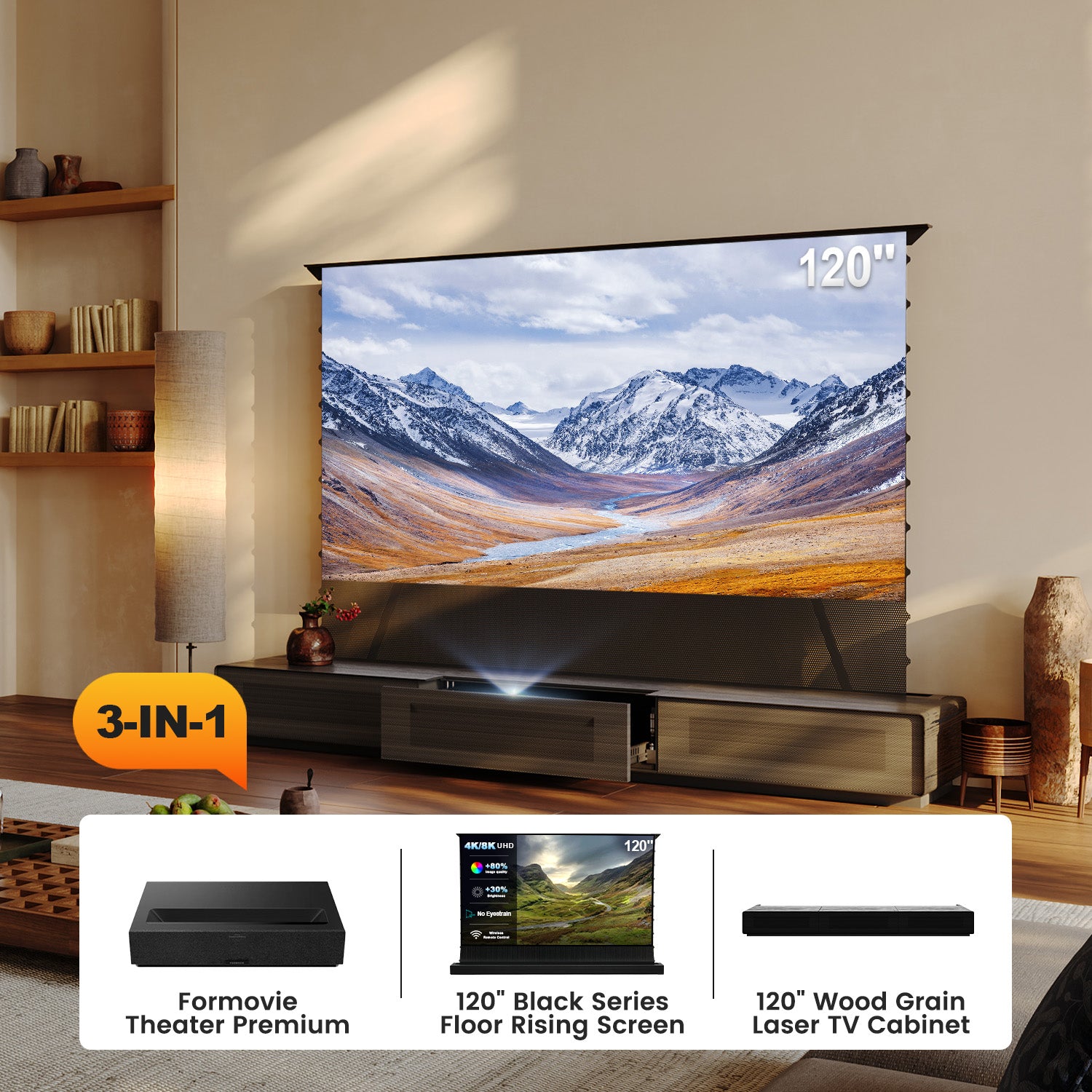 (Pakej) Formovie Theater Premium + Skrin ALR Bermotor Black Series + Kabinet TV Laser (Pra-Pasang)