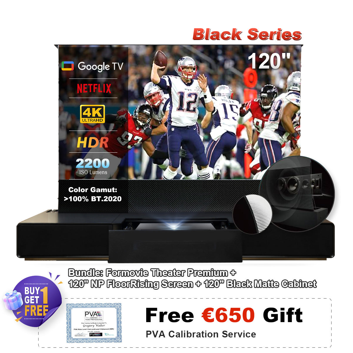 (Sada) Formovie Theatre Premium + motorizovaná ALR obrazovka Black Series + laserová TV skříň (předem sestavená)