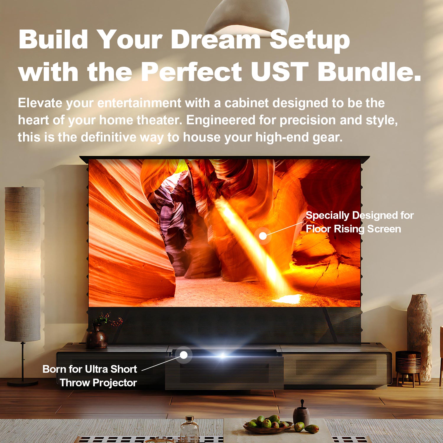 Perfect UST Bundle Shore Wood Grain Laser TV Cabinet Meuble Laser TV for Ultra Short Throw Projector and Motorized Floor Rising Screen Nothingprojector