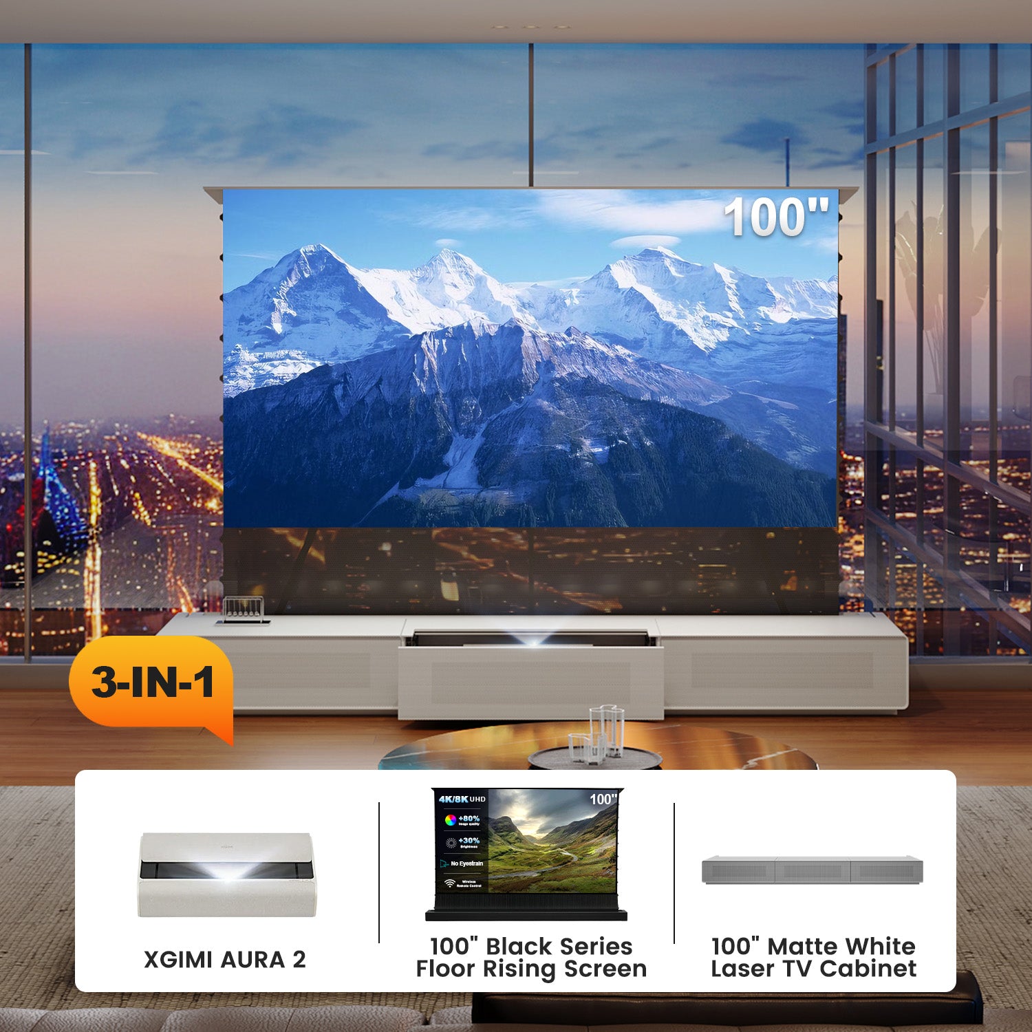 XGIMI AURA 2 100" ALR Screen & White Matte Laser TV Cabinet Set