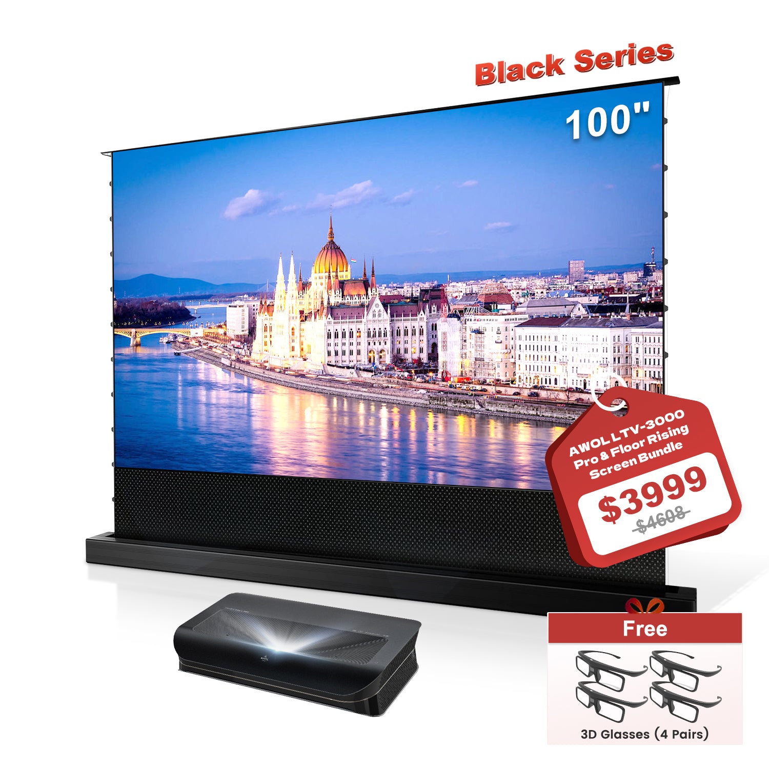 AWOL VISION 3000 PRO 4K 3D LTV Triple Laser Projector + Motoriseret gulvstigning skærmbundle