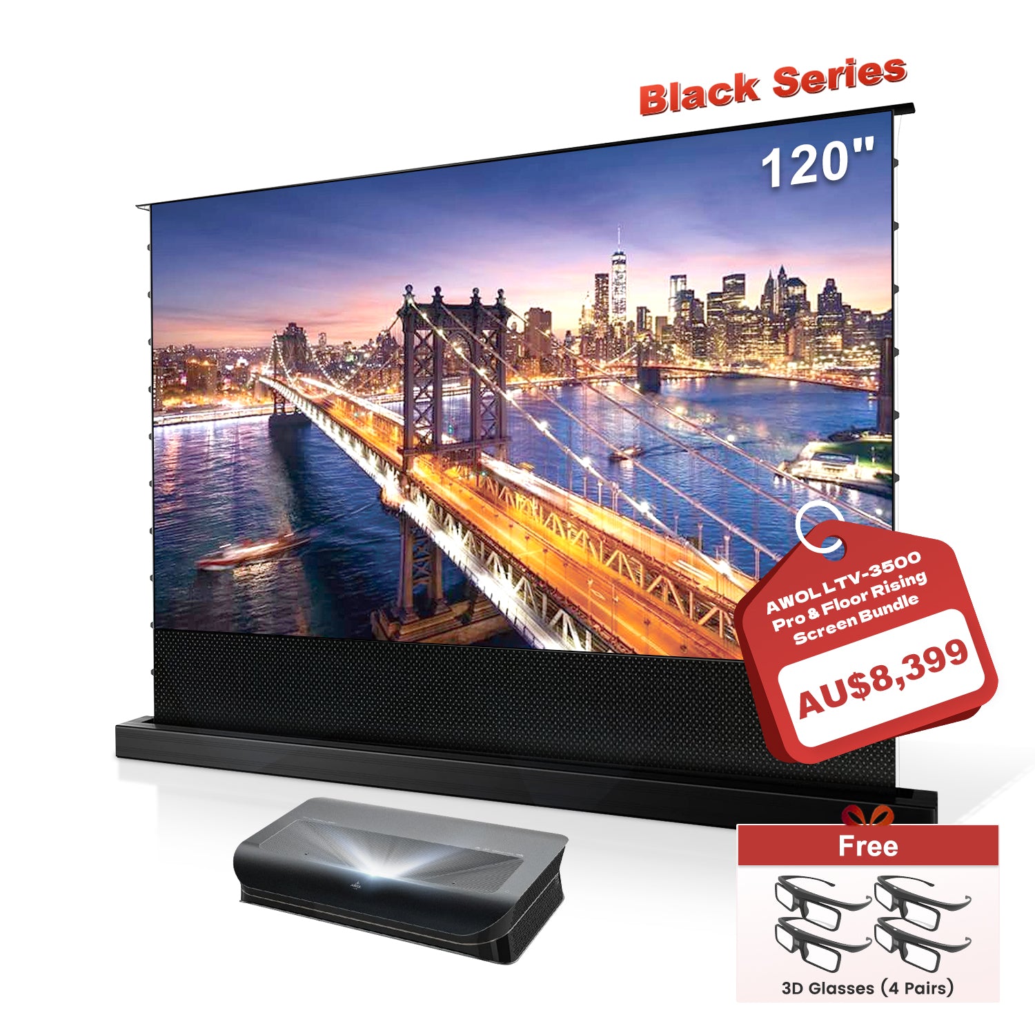 (AU) AWOL Vision LTV-3500 Pro 4K UST Laser Projector + Black Series Motorized Floor Rising Screen Bundle
