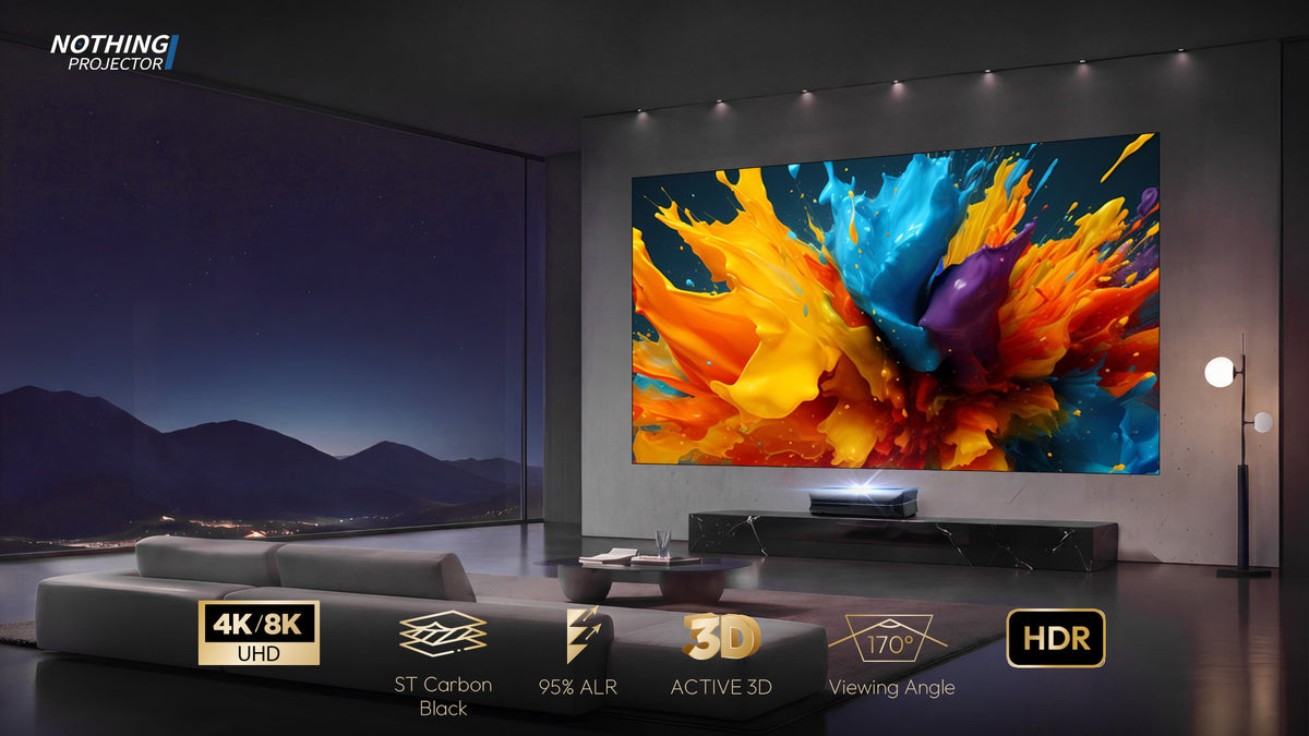 Black Series ALR screen with 95% light rejection, 4K/8K HDR support, Active 3D, and 170° viewing angle for bright-room home theaters