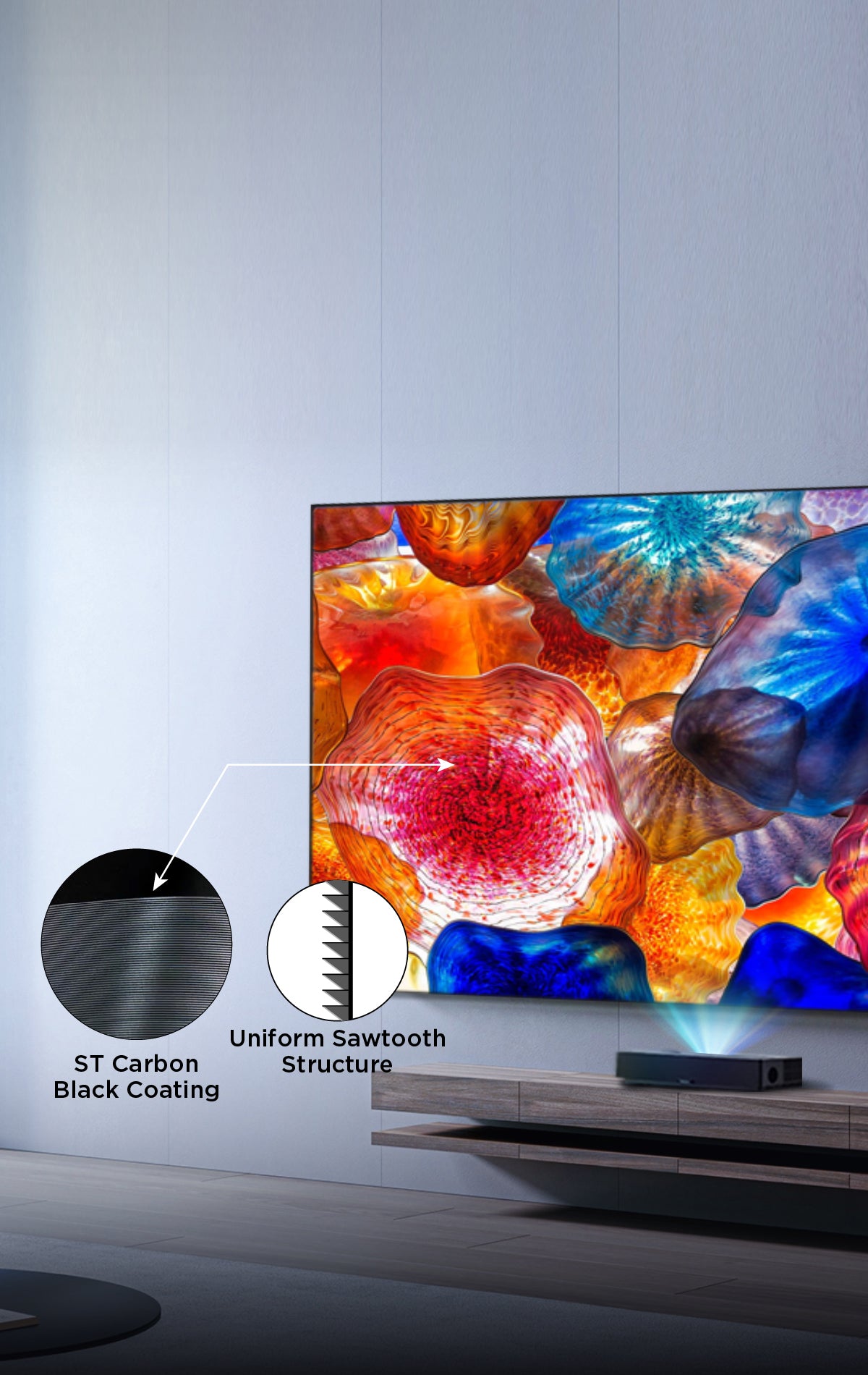 ALR (Ambient Light Rejection) screens use a special layered structure, like tiny Venetian blinds. This prevents the image from looking washed out and keeps the picture vivid, with deeper blacks and more accurate colors, even in bright rooms.