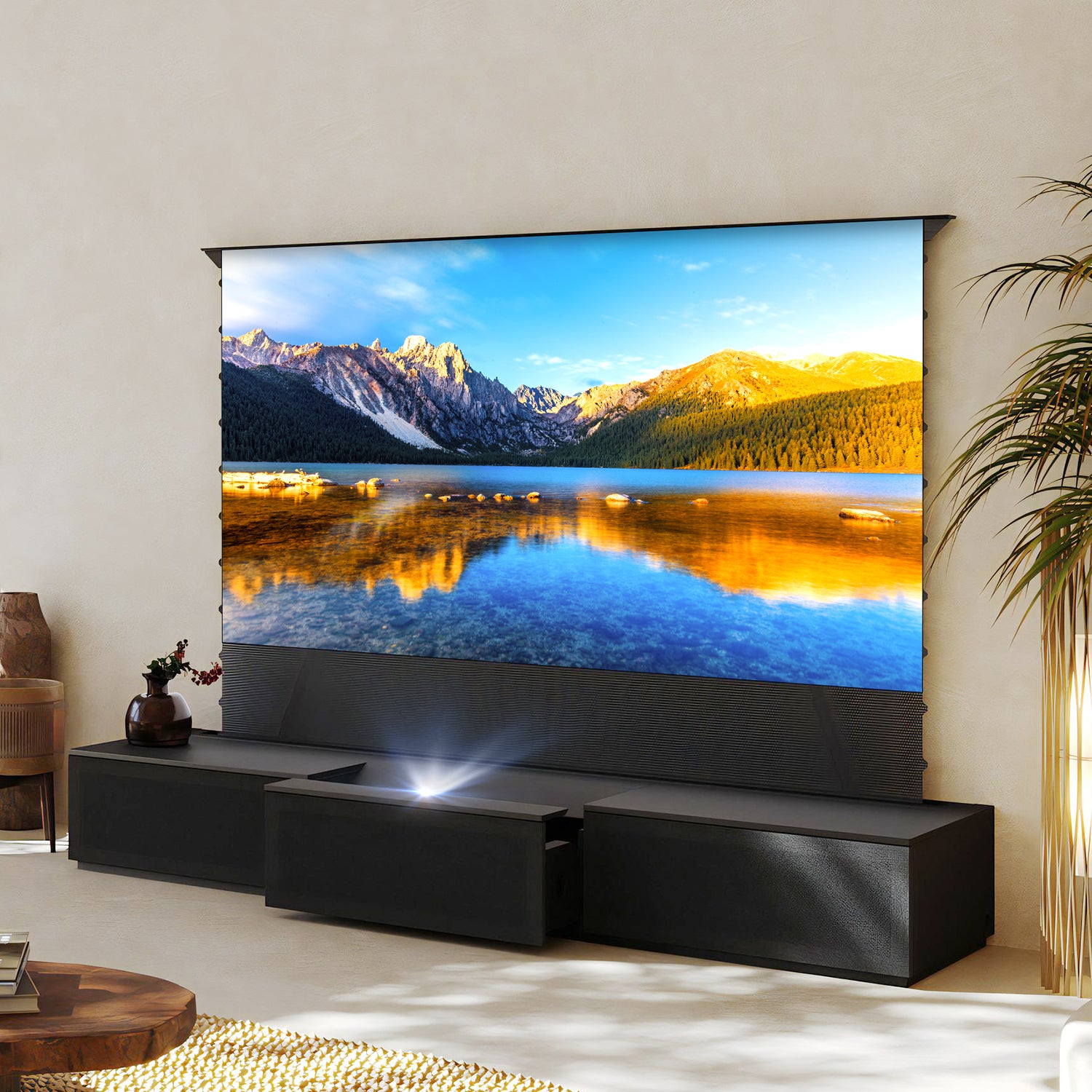 100-120" Shore Black Motorized Laser TV Flat Pack Cabinet