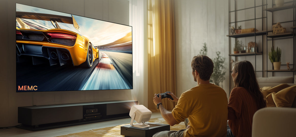 A dynamic racing game projects vividly from the JMGO N1S Nano, immersing players in high-speed driving action.