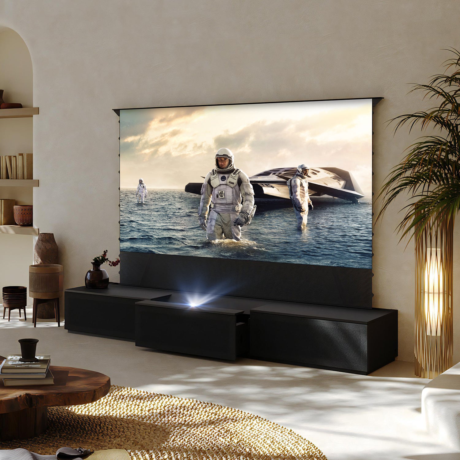 100-120" inch modern black motorized laser TV flat pack cabinet for UST projectors