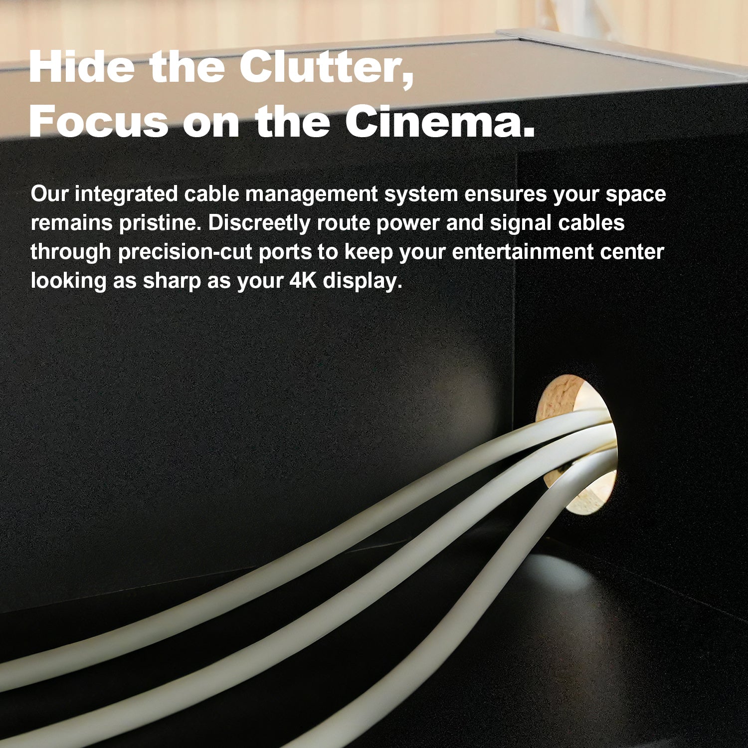 Rear view of Shore Black flat-pack cabinet showing integrated cable management ports.