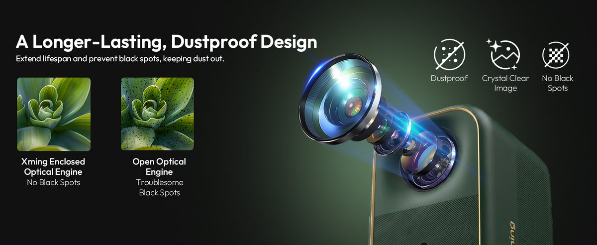 Longer-lasting dustproof optical engine prevents black spots on the Xming Page One projector