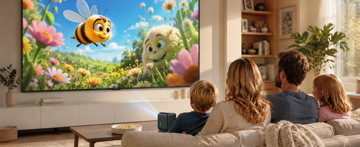 Xming Page One Google TV projector in a home setting, lifestyle shot 02