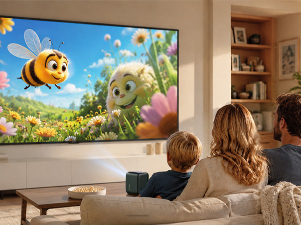 Xming Page One Google TV projector in a home setting, lifestyle shot 02