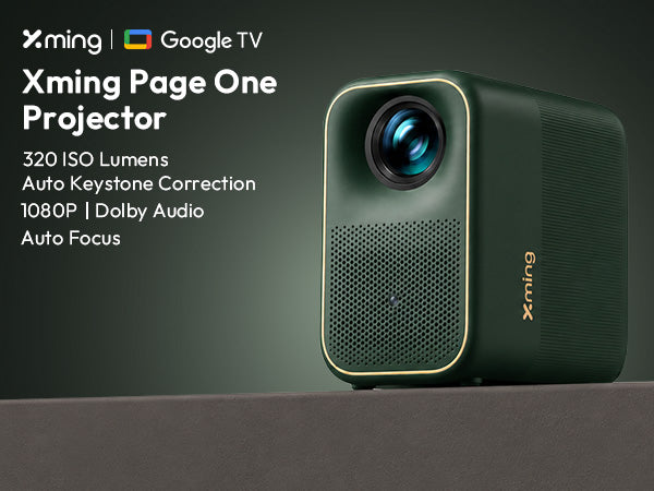 Xming Page One Google TV projector overview: 320 ISO lumens, 1080P FHD, Dolby Audio, auto keystone and auto focus