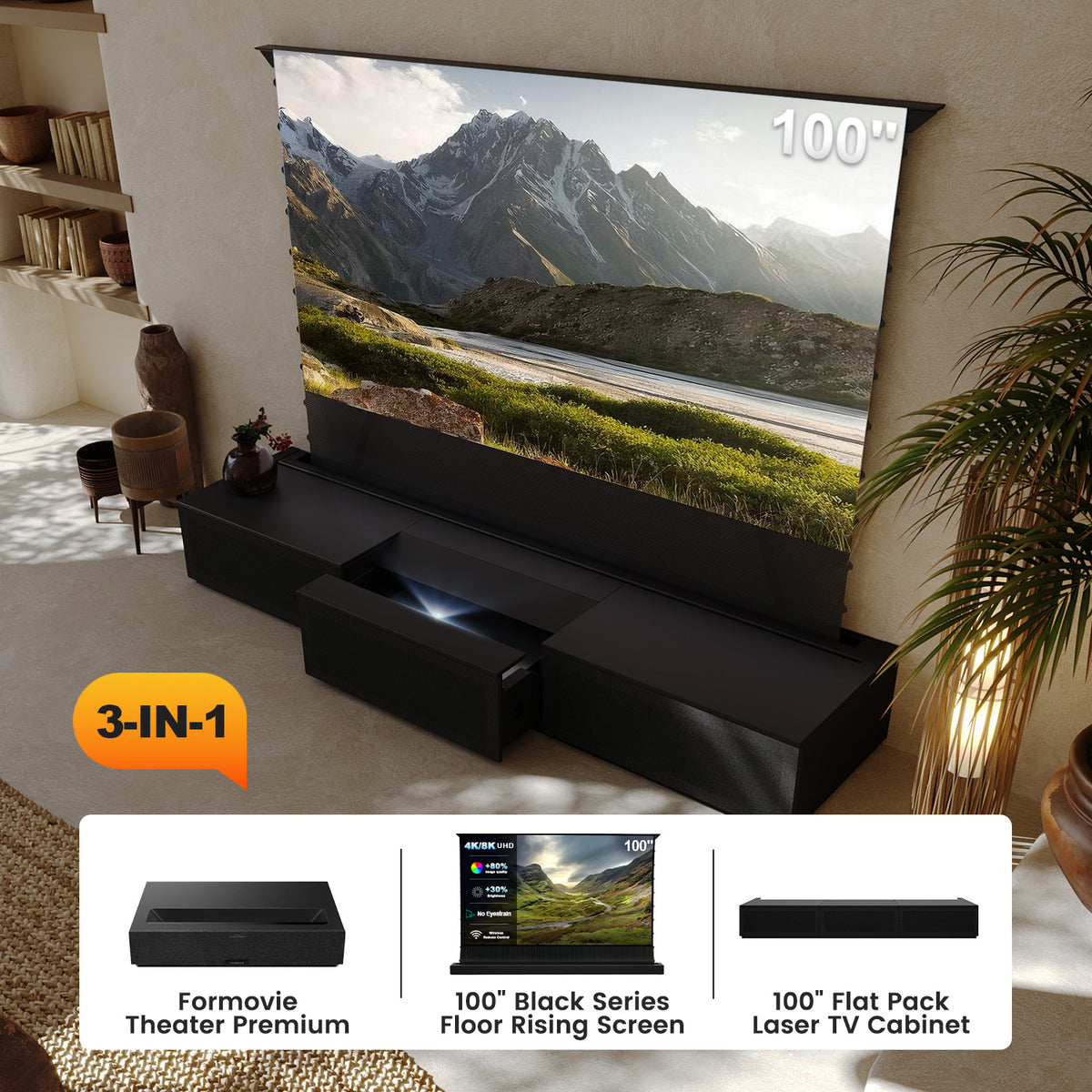 Formovie Theater Premium 3-in-1 Bundle: ALR Floor Rising Screen & 100inch Laser TV Cabinet