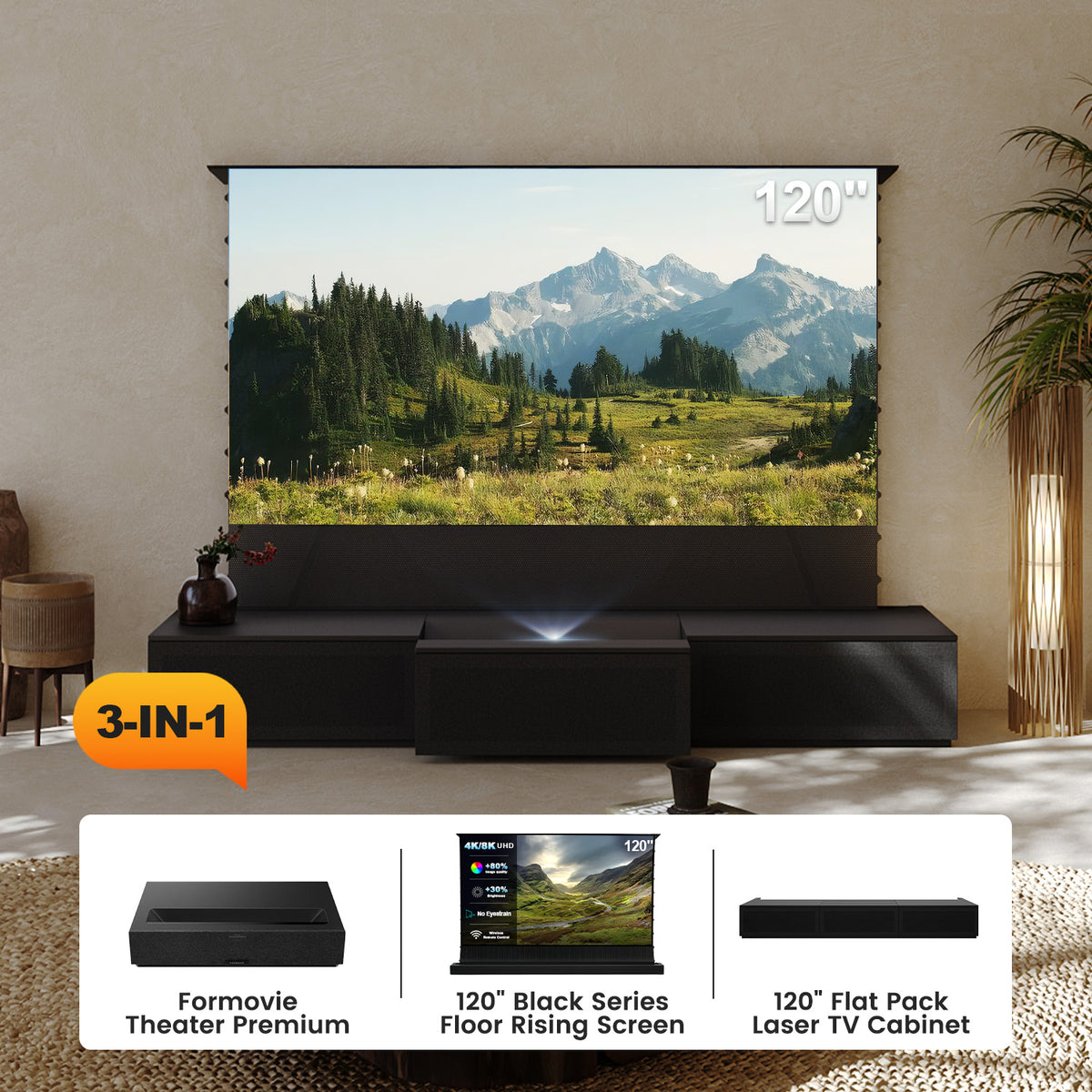 Formovie Theater Premium 3-in-1 Bundle: UST ALR Floor Rising Screen & 120inch Laser TV Cabinet