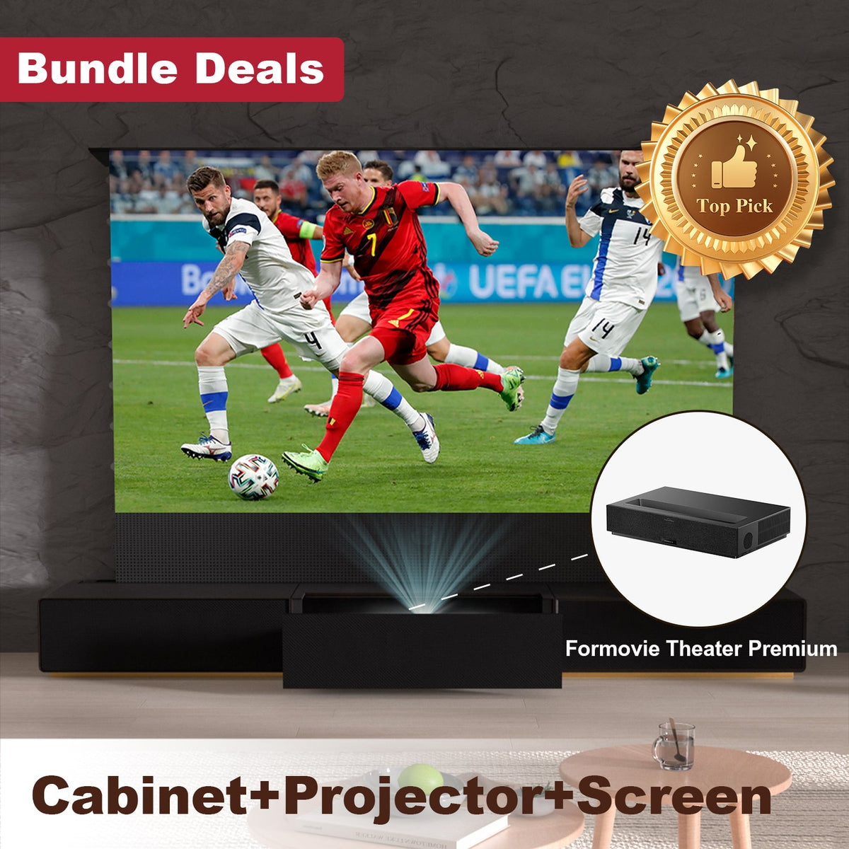 Get the ultimate cinema experience with this laser tv cabinet, projector, and screen bundle