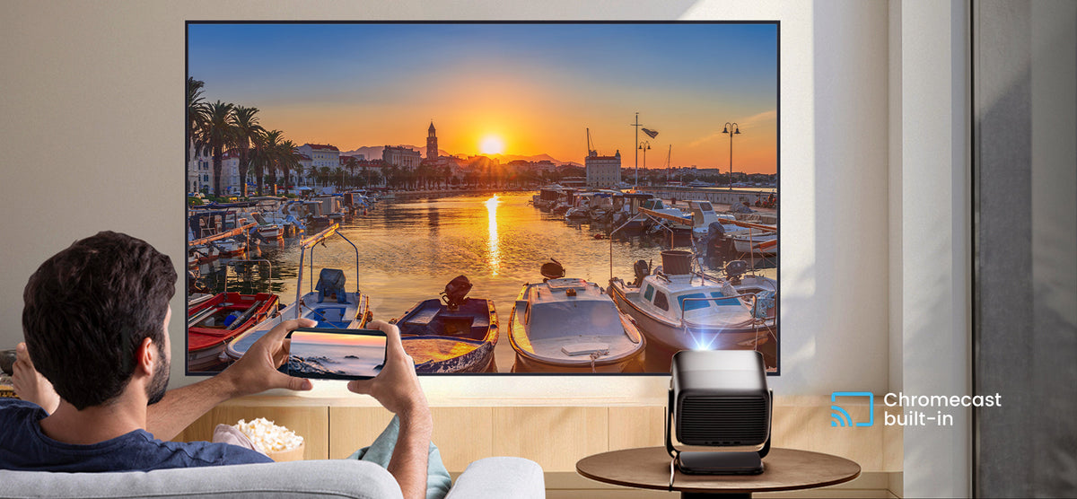 JMGO N1S Infinity features built-in Chromecast for seamless wireless casting from your mobile devices.