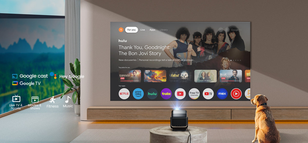 JMGO N1S Infinity features Google TV with access to over 10,000 apps for unlimited entertainment options.