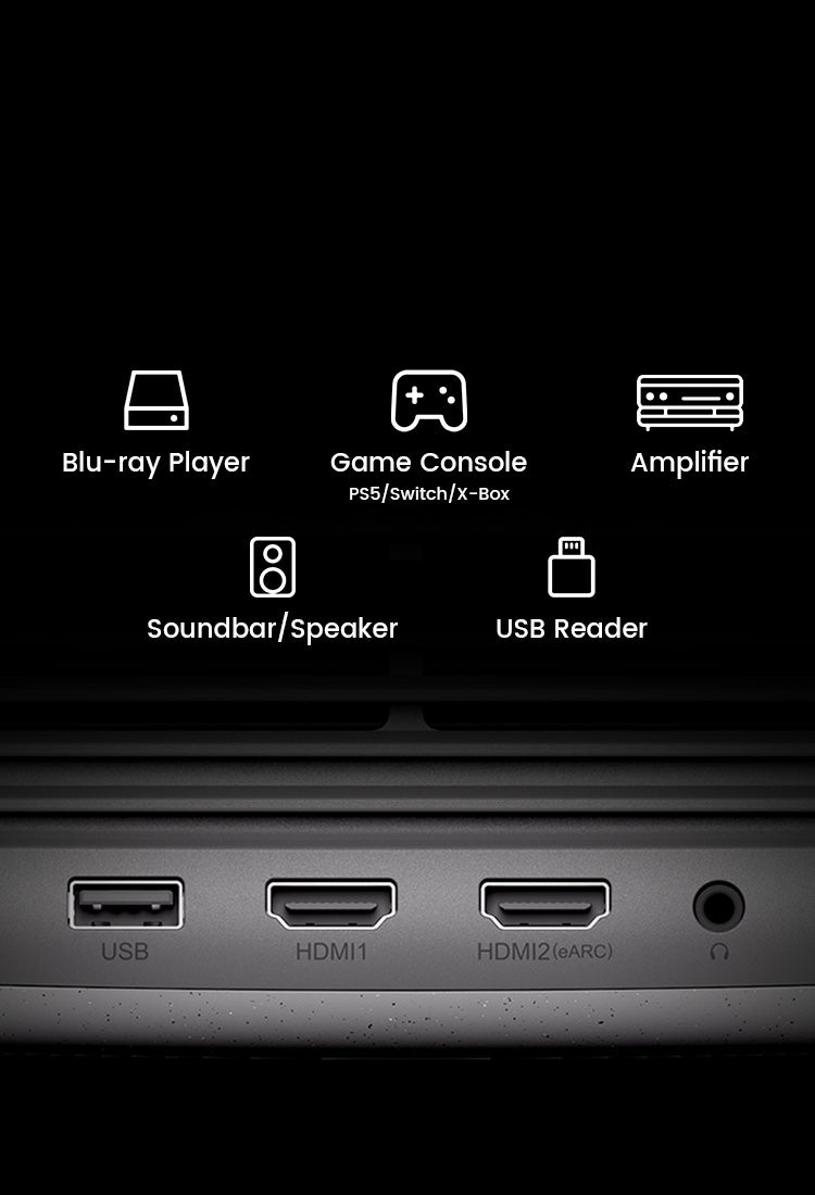 JMGO N1S Infinity offers versatile connectivity with dual HDMI 2.1 ports including eARC support for high-quality audio.