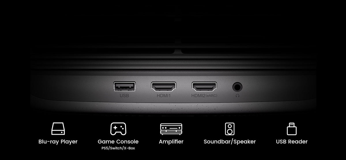 JMGO N1S Infinity offers versatile connectivity with dual HDMI 2.1 ports including eARC support for high-quality audio.