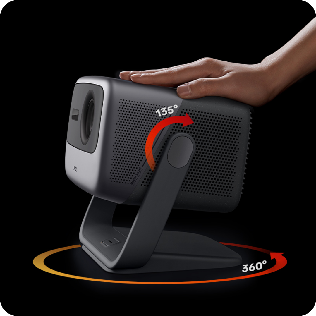 JMGO N1S Ultimate allows easy one-handed adjustment with 135° vertical tilt and 360° horizontal rotation.