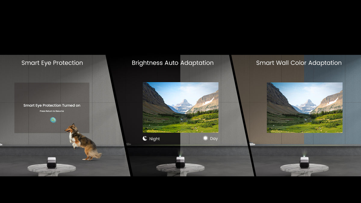 JMGO N1S Ultimate features Flexismart adaptive system with auto brightness and wall color adaptation for perfect image quality.