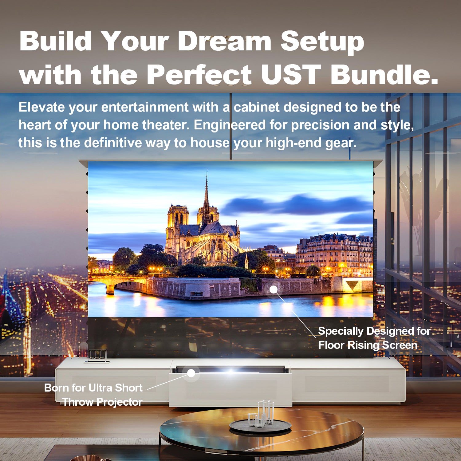 Build your dream setup with Shore Matte motorized cabinet born for ultra short throw projectors and floor rising screens