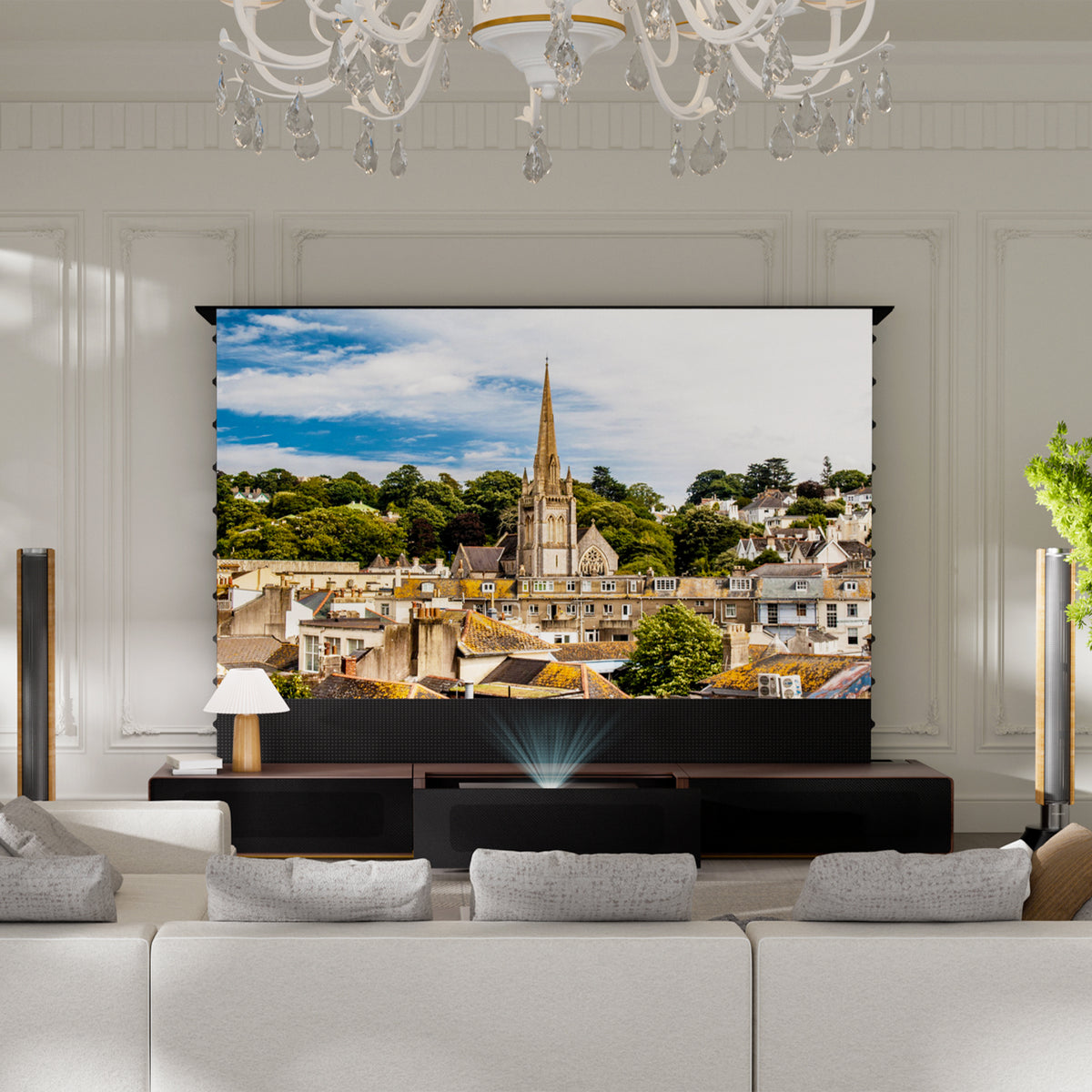 Premium 150" Motorized Laser TV Cabinet for UST Projector in luxury living room