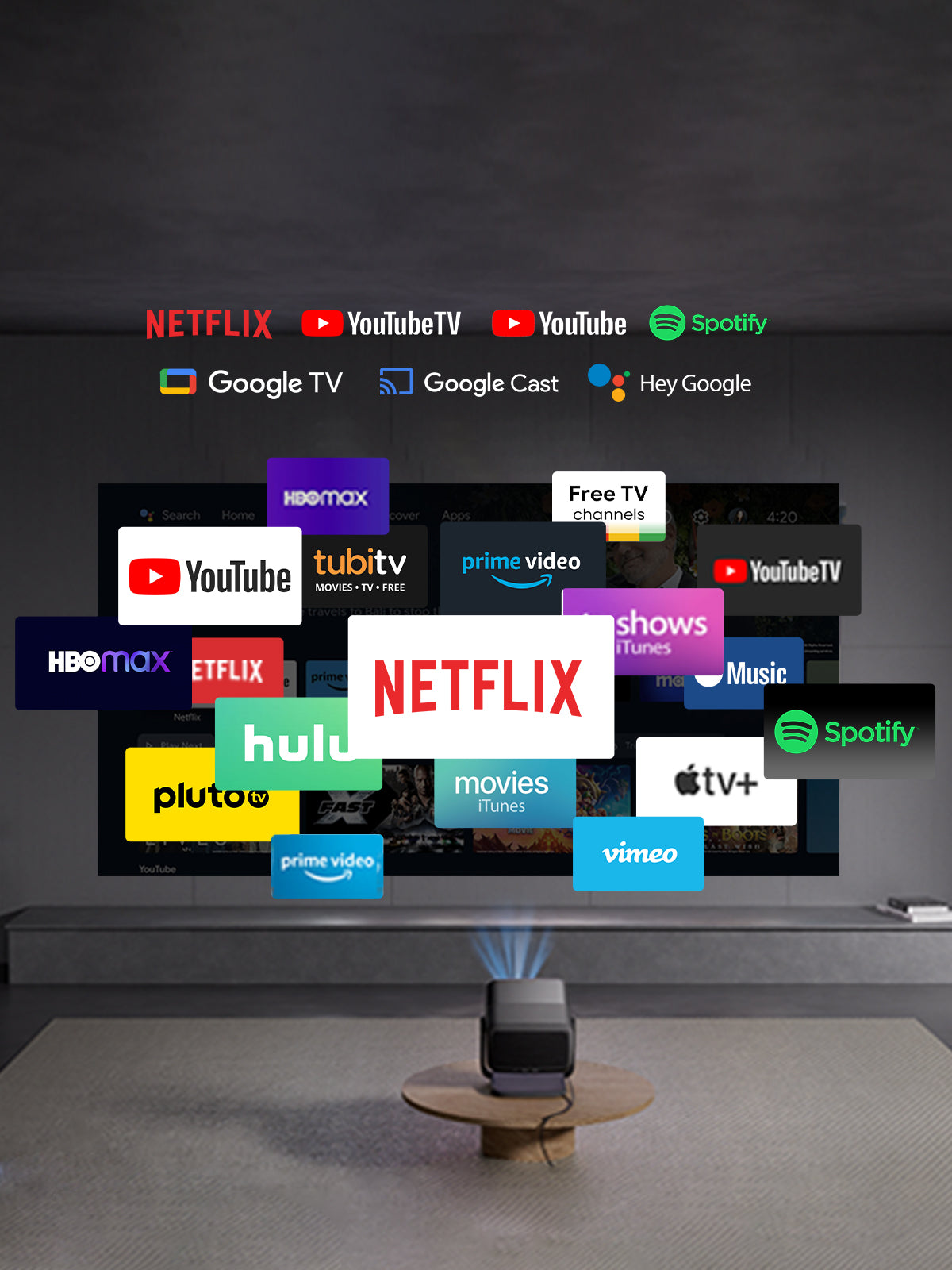 JMGO N1S Ultimate seamlessly integrates GTV, Netflix, and YouTube for all-your streaming on one screen.