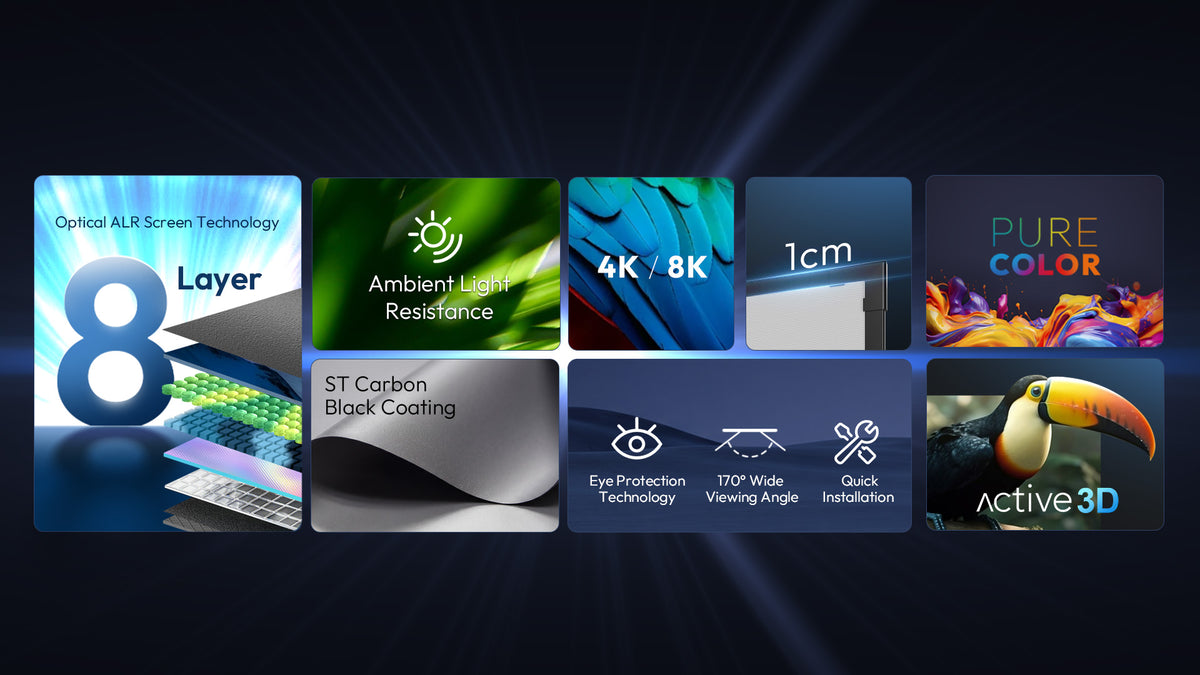 Feature summary of NothingProjector Black Series UST ALR CLR Screen highlighting 8-layer optical technology, 1cm ultra-narrow bezel, and 4K 8K 3D support