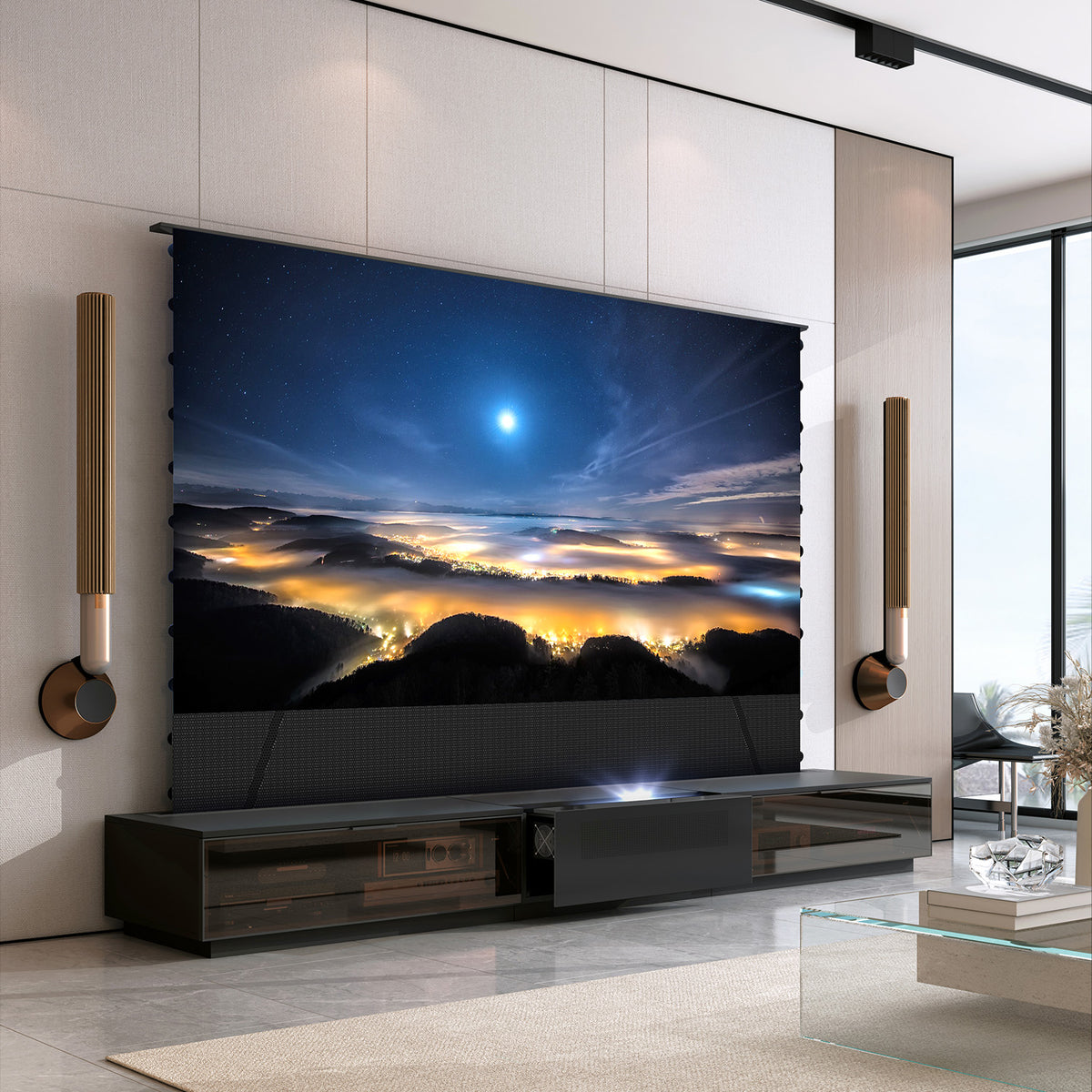 NothingProjector Berlin glass door laser TV cabinet in a living room home theater