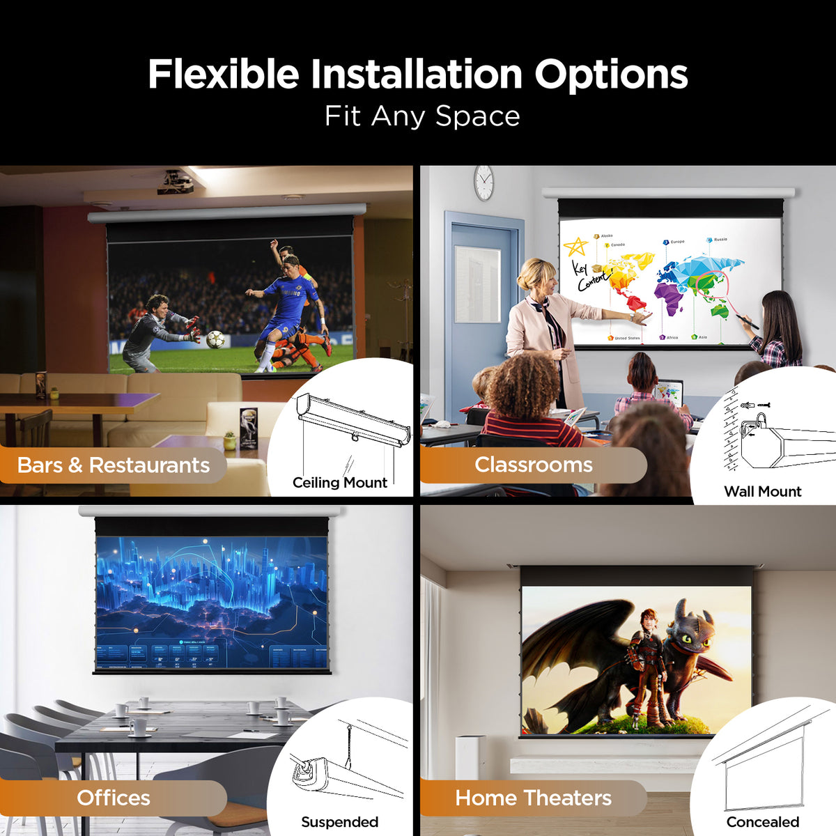 NothingProjector Black Series Motorized Tension ALR Screen flexible installation: ceiling, suspended, wall, concealed mounting and fit any space