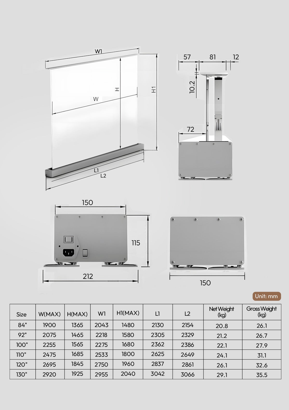 Nothingprojector white floor rising Screen size - mm
