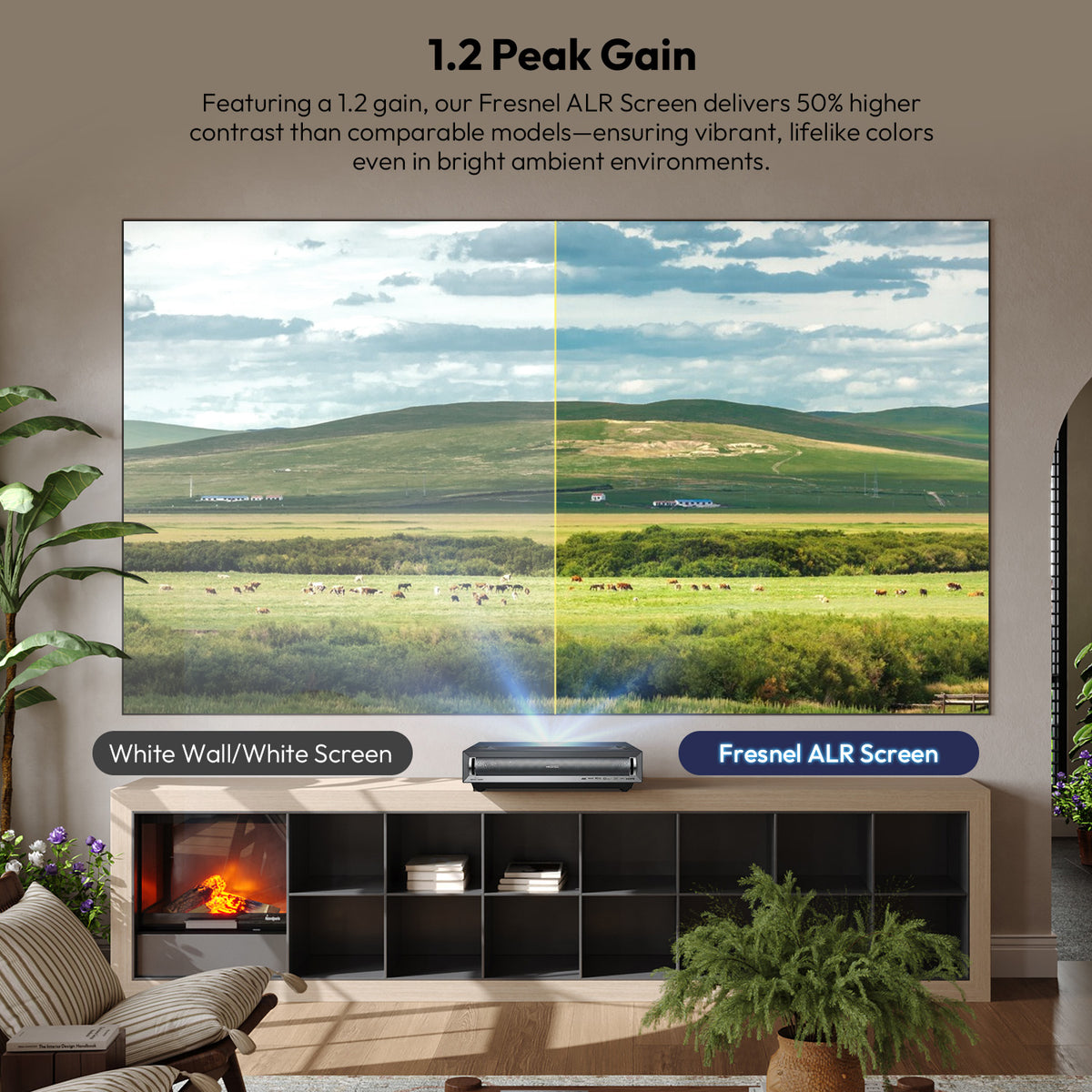 1.2 peak gain comparison of NothingProjector Fresnel ALR Screen delivering 50% higher contrast versus a white wall