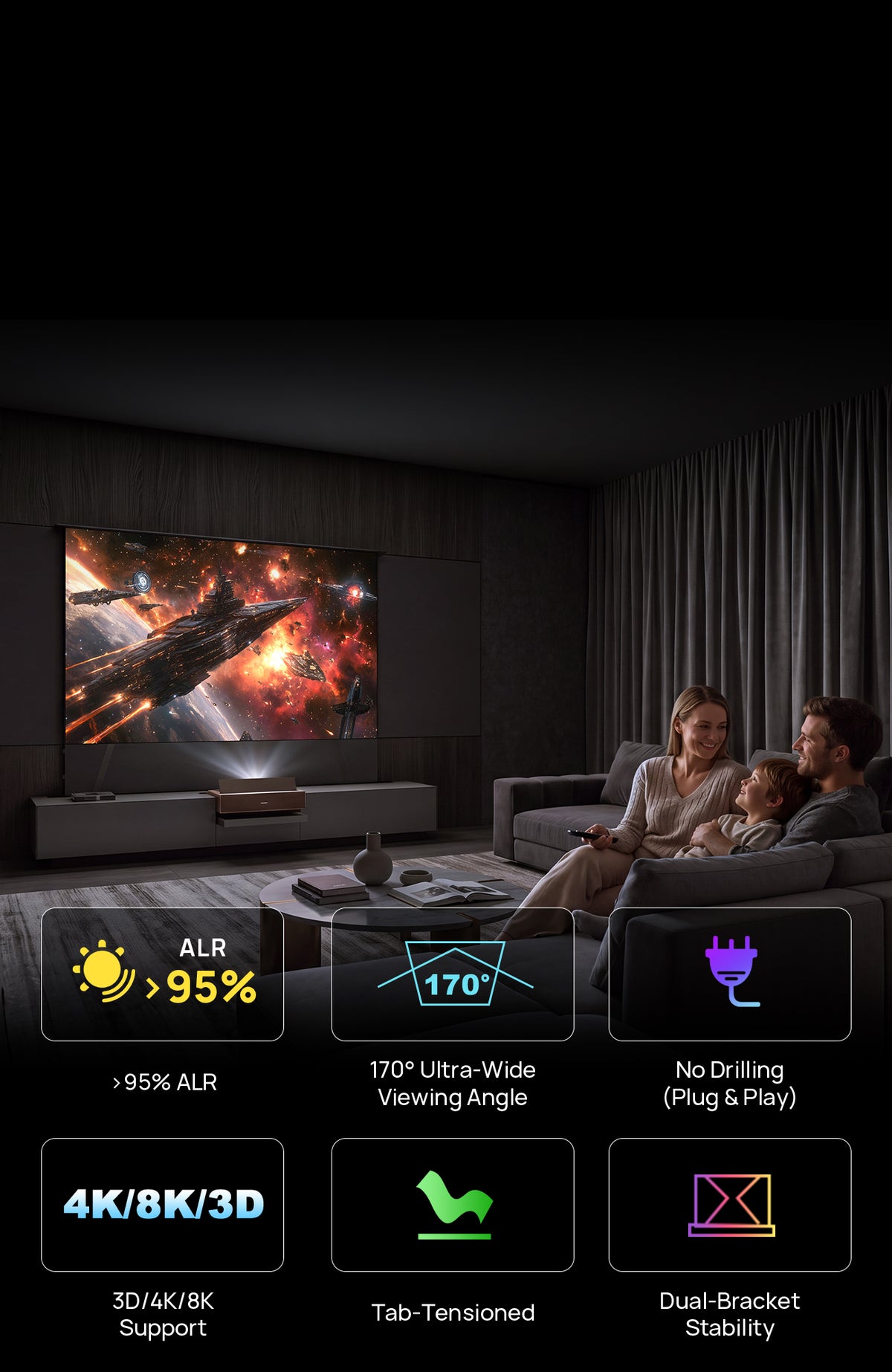 Black Series ALR floor rising screen paired with the NothingProjector gray laser TV cabinet