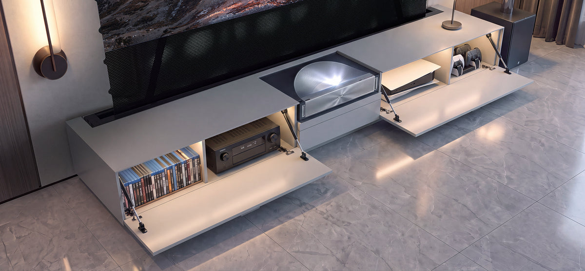 Side compartments of the NothingProjector gray laser TV cabinet holding consoles and AV receivers