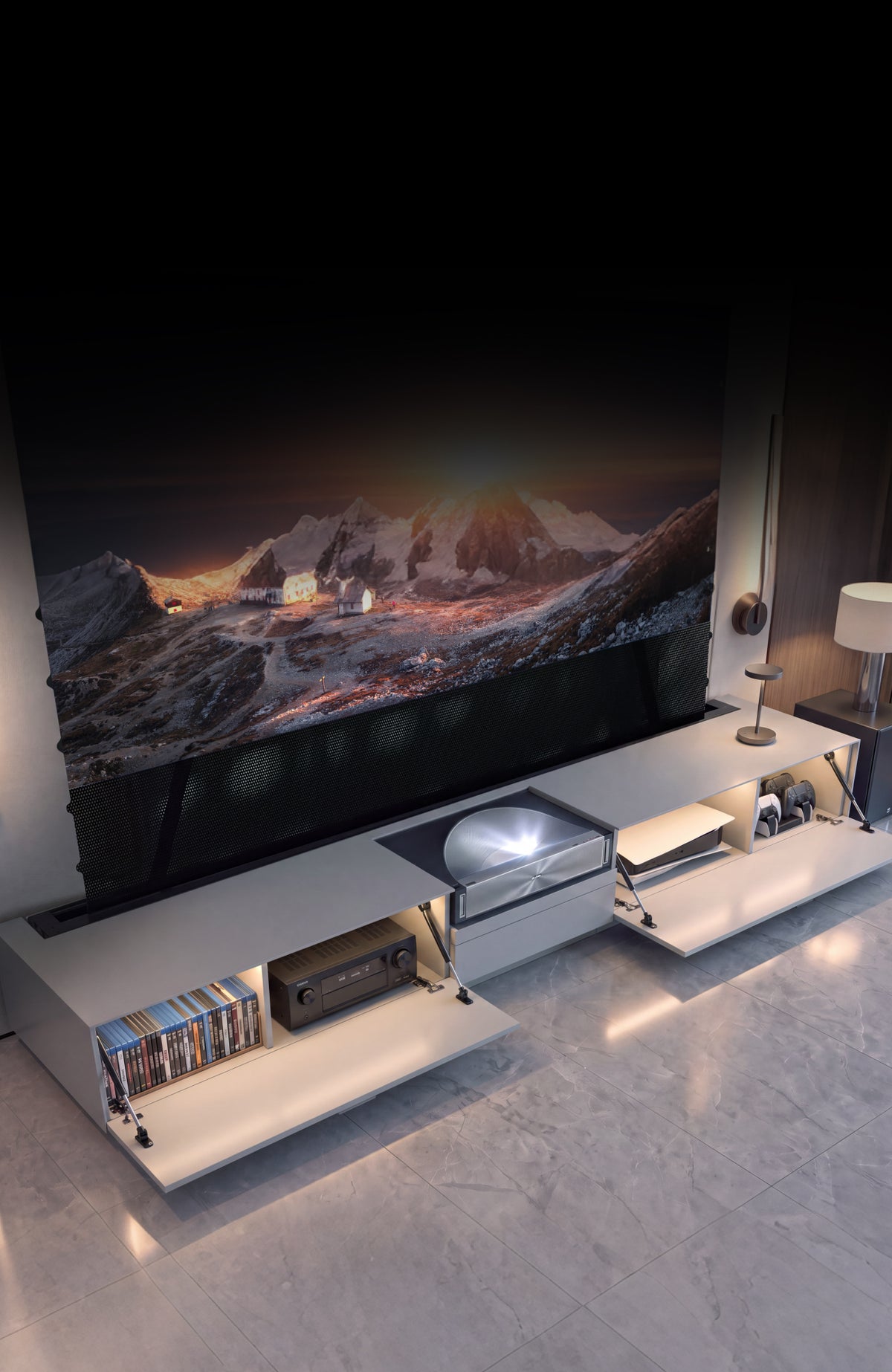 Side compartments of the NothingProjector gray laser TV cabinet holding consoles and AV receivers