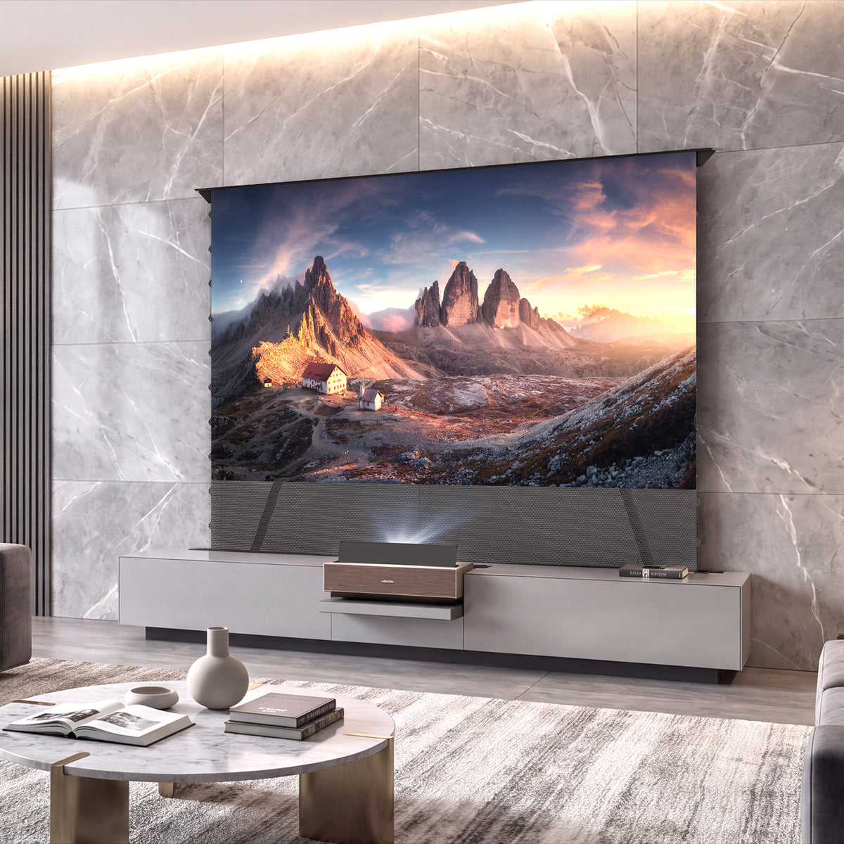 NothingProjector gray motorized laser TV cabinet with a floor rising ALR screen, scene view 01