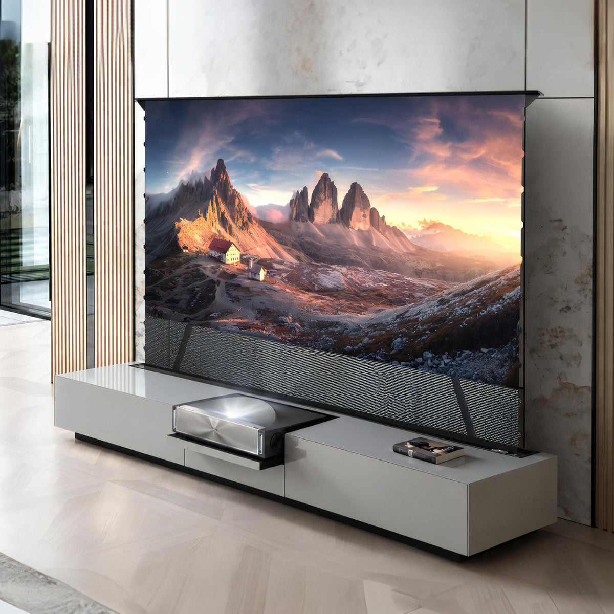 NothingProjector gray motorized laser TV cabinet with a floor rising ALR screen, scene view 02