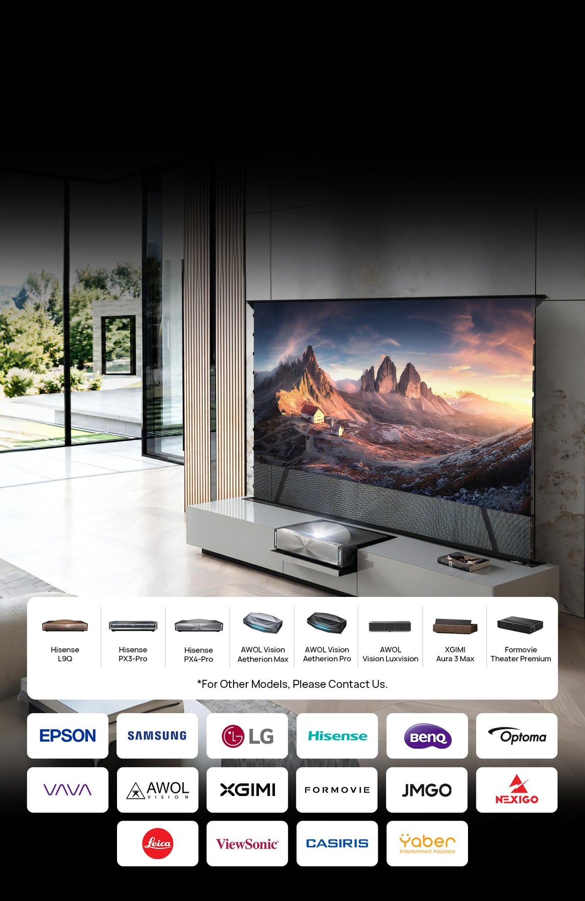 NothingProjector gray UST projector cabinet with an open middle compartment for ultra short throw projectors