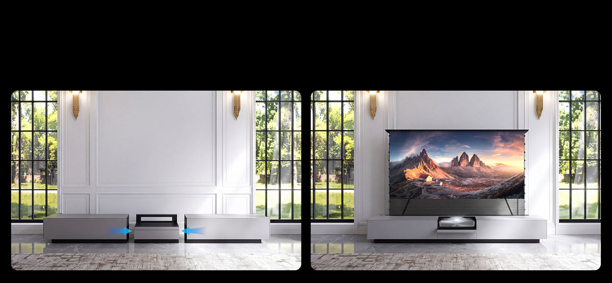 Three pre-assembled modules of the NothingProjector gray laser TV cabinet sliding together