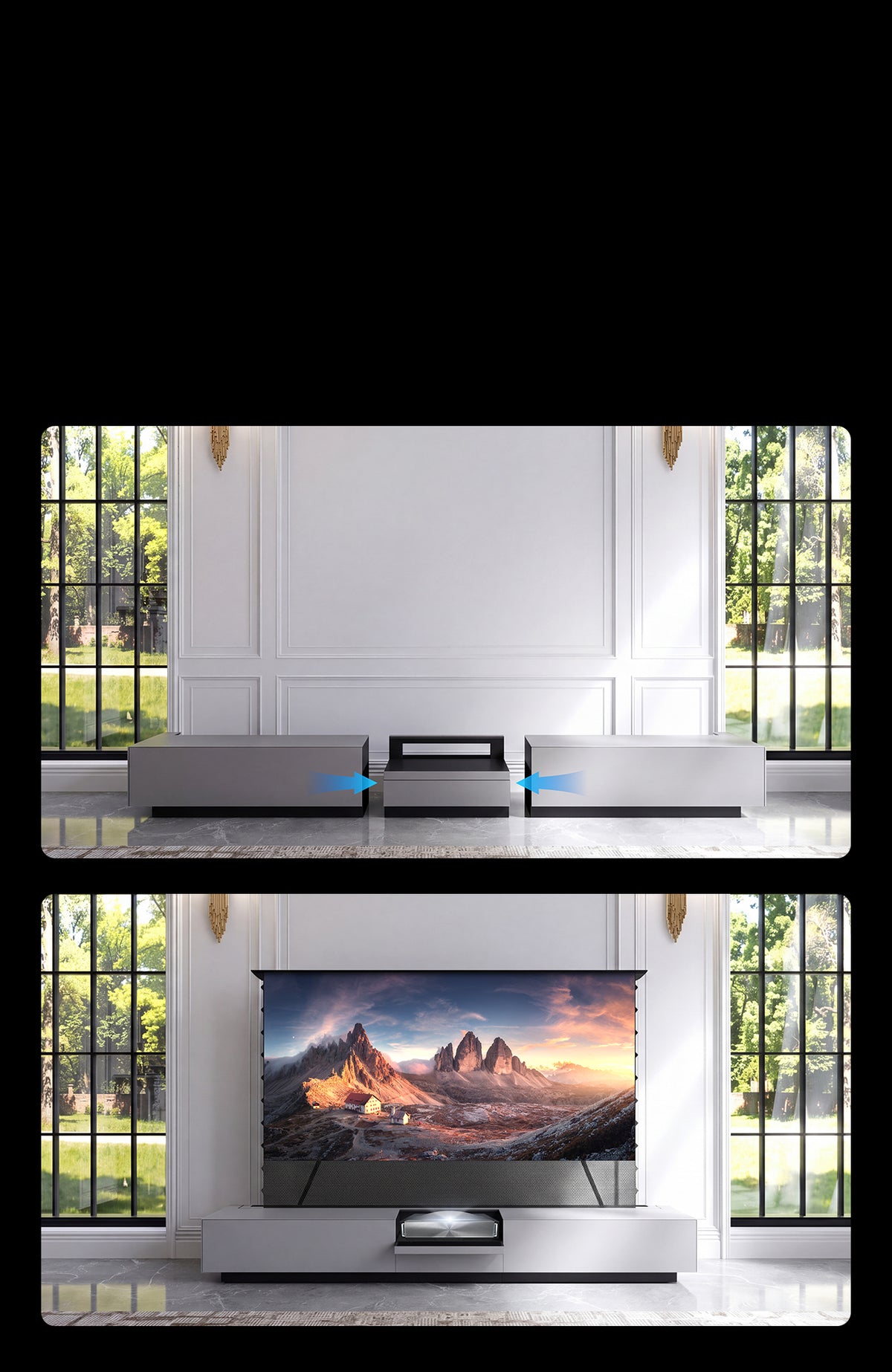 Three pre-assembled modules of the NothingProjector gray laser TV cabinet sliding together