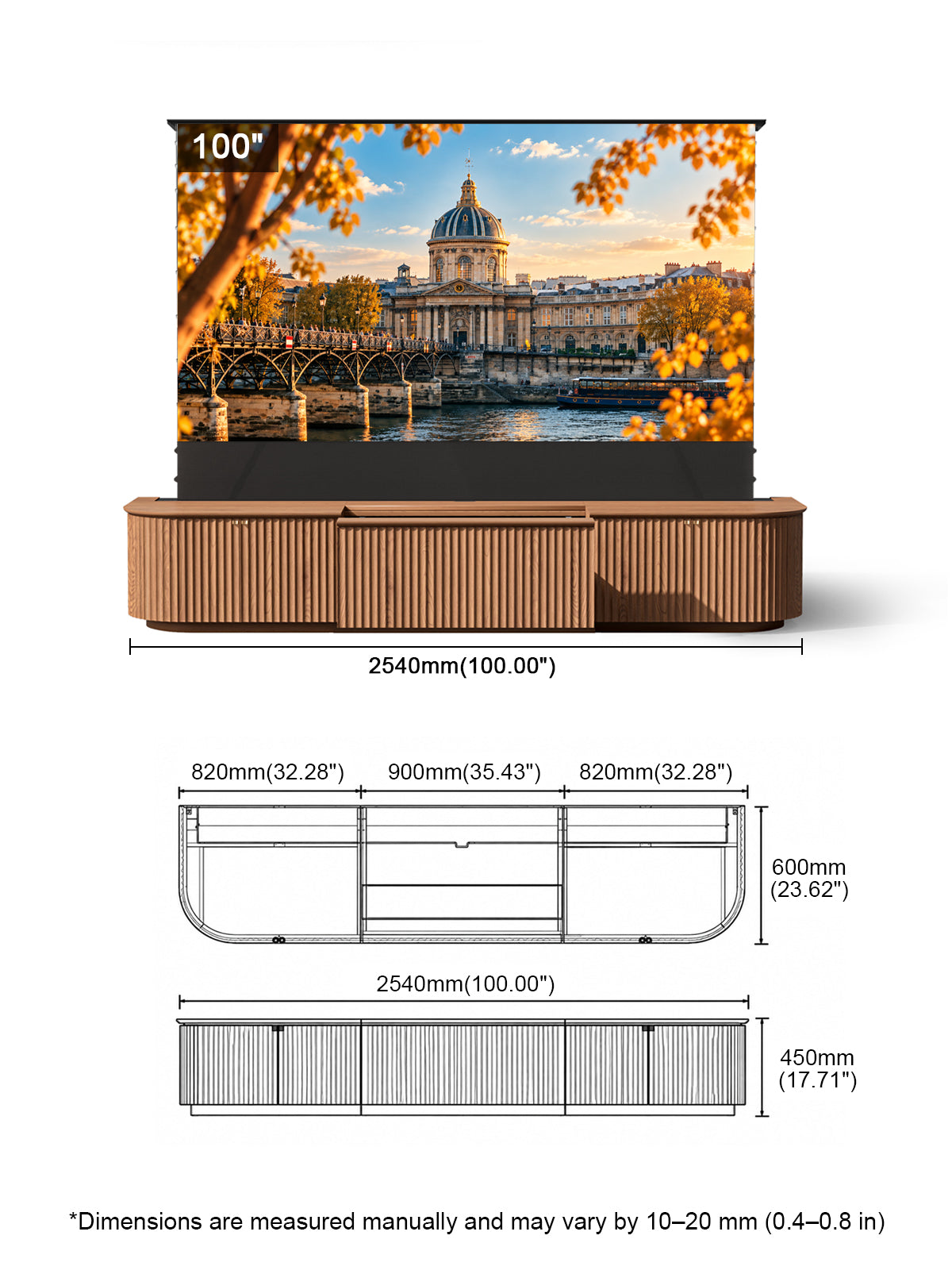 NothingProjector Milo 100 inch laser TV cabinet dimensions chart in mm and inches