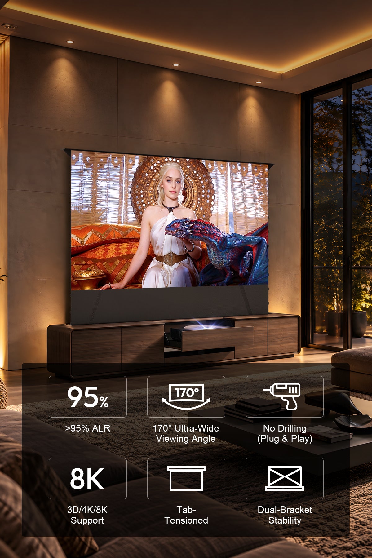 NothingProjector Walnut laser TV cabinet — black series alr screen
