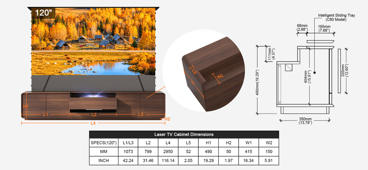 NothingProjector Walnut 120 inch laser TV cabinet dimensions in mm and inches