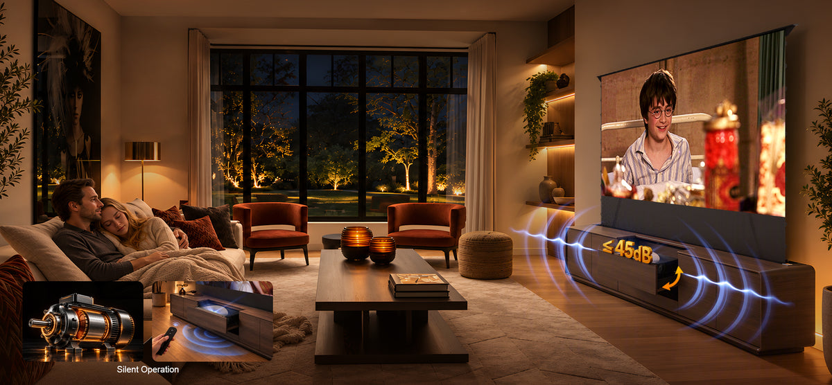 NothingProjector Walnut laser TV cabinet — whisper quiet motor