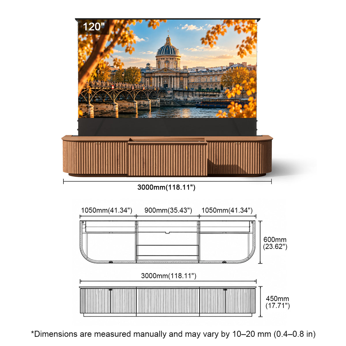 NothingProjector Milo 120 inch laser TV cabinet dimensions in mm and inches