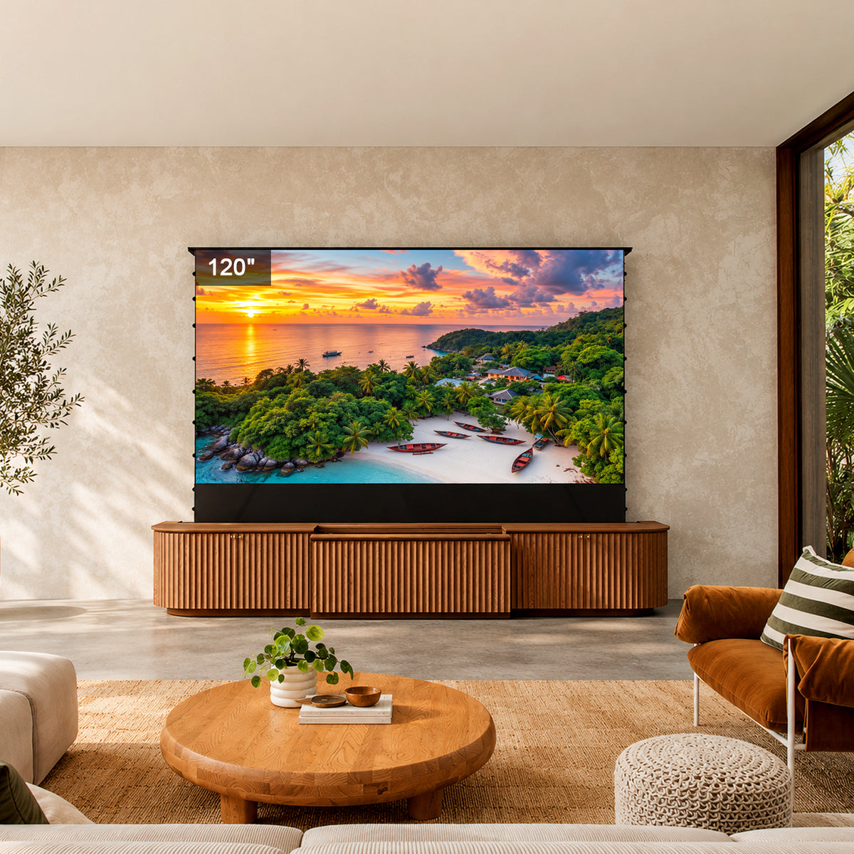 NothingProjector Milo solid wood laser TV cabinet set up in a living room with a 120 inch screen