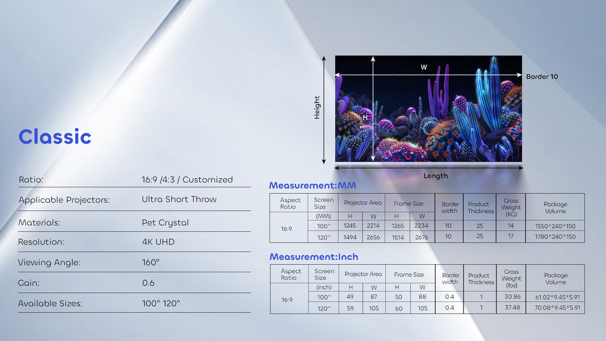NothingProjector PET Crystal Classic UST ALR Screen Specs & Size Chart